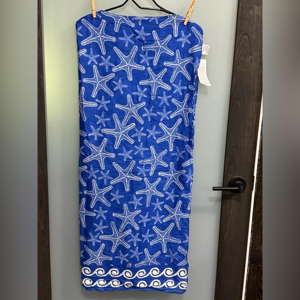 Blue Starfish Patterned printed and embroidered cotton wrap skirt or full wrap